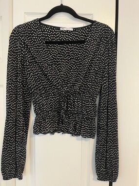 Zara Black Top with White Dot Print and Smocked Waist